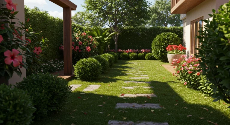 Jardim em quintal brasileiro com hibiscos floridos e buxinhos bem podados, criando um espaço externo elegante, aconchegante e cheio de vida.