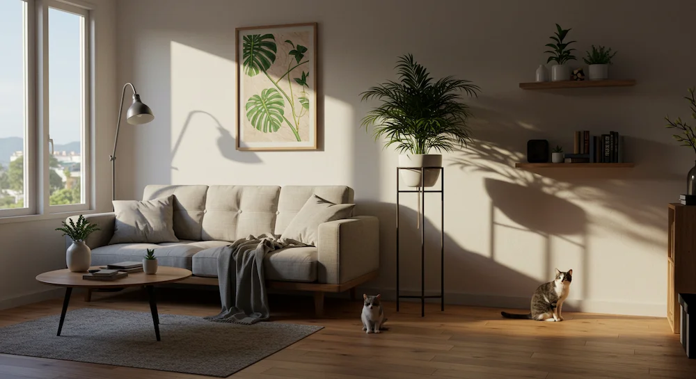 Sala de estar brasileira com duas plantas estrategicamente posicionadas, uma em suporte alto e outra em prateleira estreita, criando ambiente harmonioso e pet friendly.