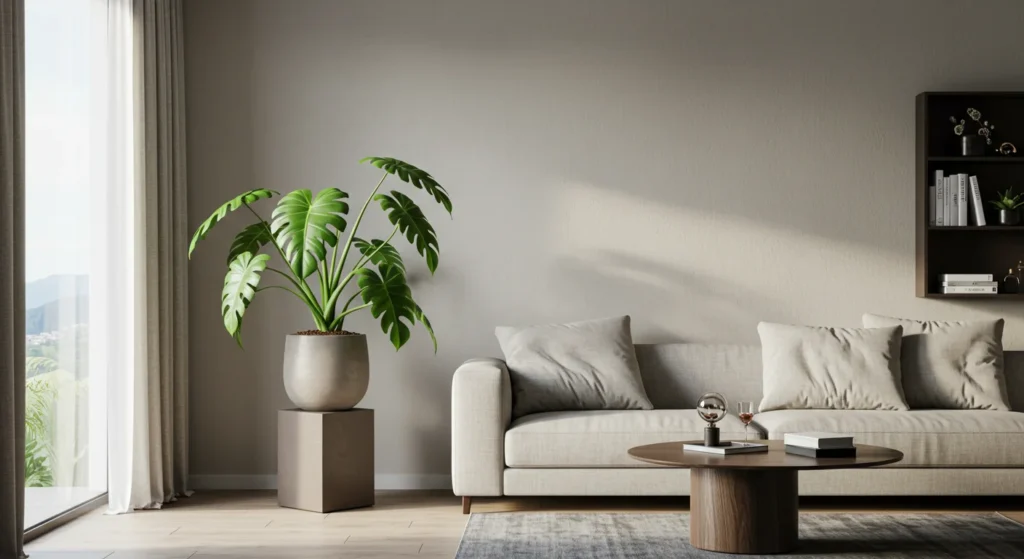 Sala moderna com um guaimbé em pedestal, destacando a planta e valorizando a decoração do ambiente.