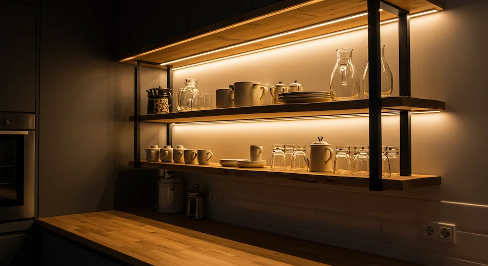 Cozinha moderna com prateleira de madeira com LED embutido, iluminação quente e acolhedora, destacando utensílios, design limpo e minimalista, sem fios aparentes, estilo industrial com suportes metálicos pretos.