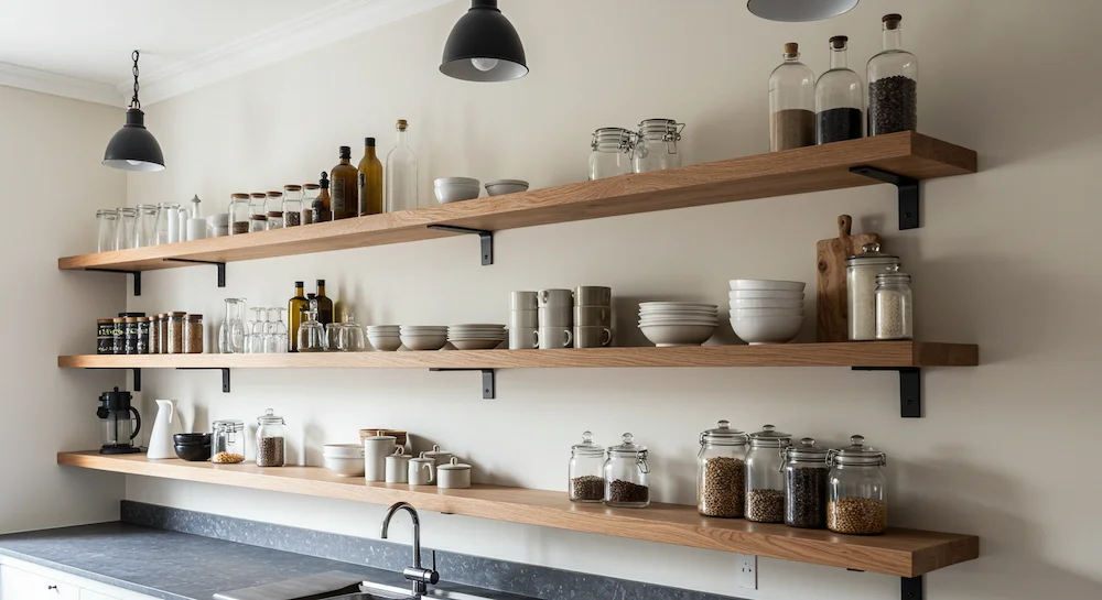 Prateleiras flutuantes de madeira com suporte invisível em cozinha, visual minimalista e clean, alternando comprimentos, organizando utensílios e objetos decorativos, com toque industrial discreto.