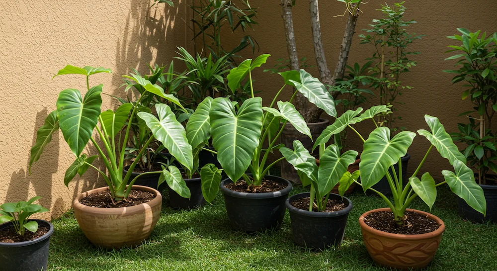 Jardim brasileiro com guaimbés em diferentes estágios de propagação, criando um espaço verde exuberante e decorativo.