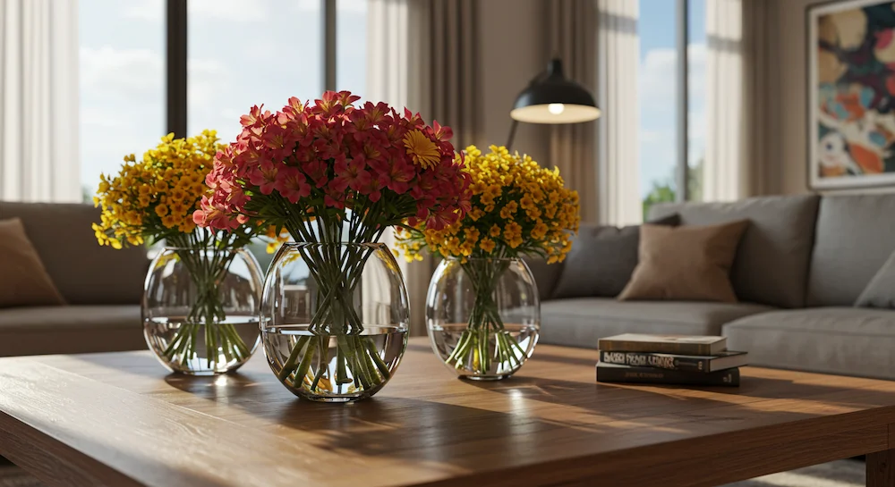 Arranjos florais em vasos de vidro transparentes decorando sala moderna, destacando a beleza das flores e caules, criando ambiente elegante e acolhedor, iluminação natural, móveis contemporâneos e atmosfera convidativa.