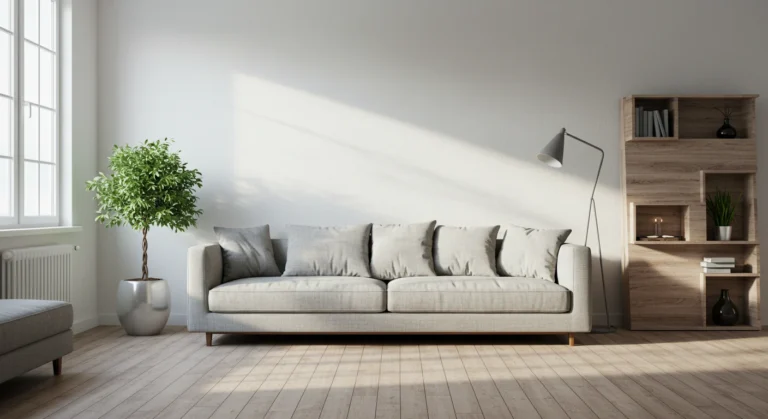Sala moderna iluminada com luz natural, decorada de forma harmoniosa com dois vasos de plantas (macetas) estrategicamente posicionados, mostrando como usar macetas para decorar ambientes com estilo.