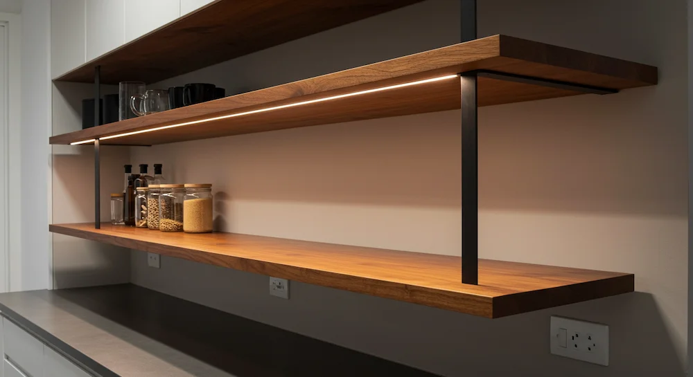 Uma prateleira suspensa de madeira lindamente trabalhada, com design elegante e moderno, perfeitamente adequada para uma cozinha brasileira contemporânea. Feita de madeira rica em tons quentes, a prateleira possui linhas retas e estética minimalista, criando uma solução de armazenamento visualmente marcante e prática. Fixada com segurança na parede, a prateleira parece flutuar sem esforço, com suas bordas retas e texturas sutis complementando a decoração da cozinha. Uma iluminação suave e uniforme ilumina a prateleira, projetando um brilho suave e realçando a beleza natural da madeira. O ambiente geral exala uma sensação de calma, organização e estilo refinado, capturando perfeitamente a essência da seção "Tipos de prateleiras para cozinha que funcionam a seu favor".