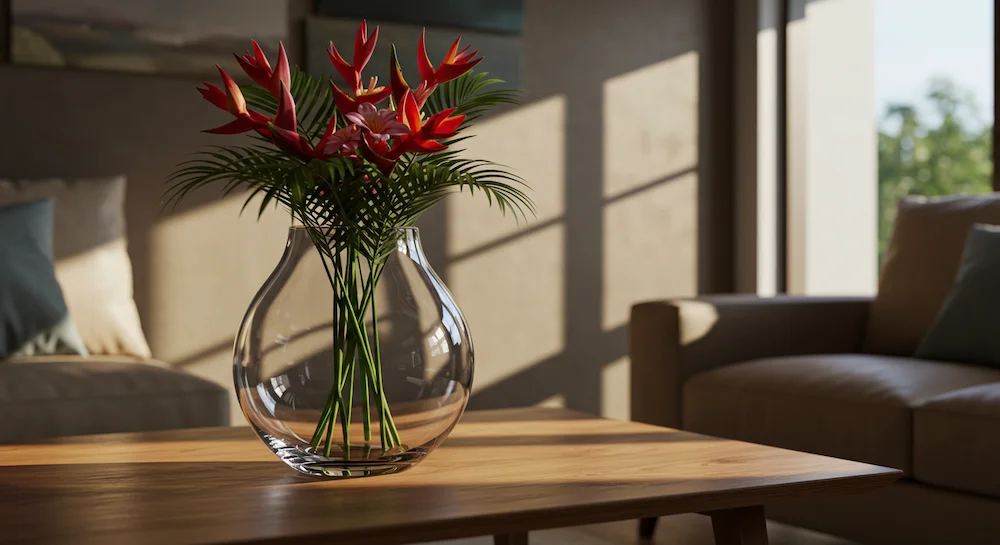 Três vasos de vidro de diferentes alturas e formatos decorando sala moderna, com flores coloridas, criando composição artística, equilibrada e elegante, com iluminação natural e ambiente acolhedor.