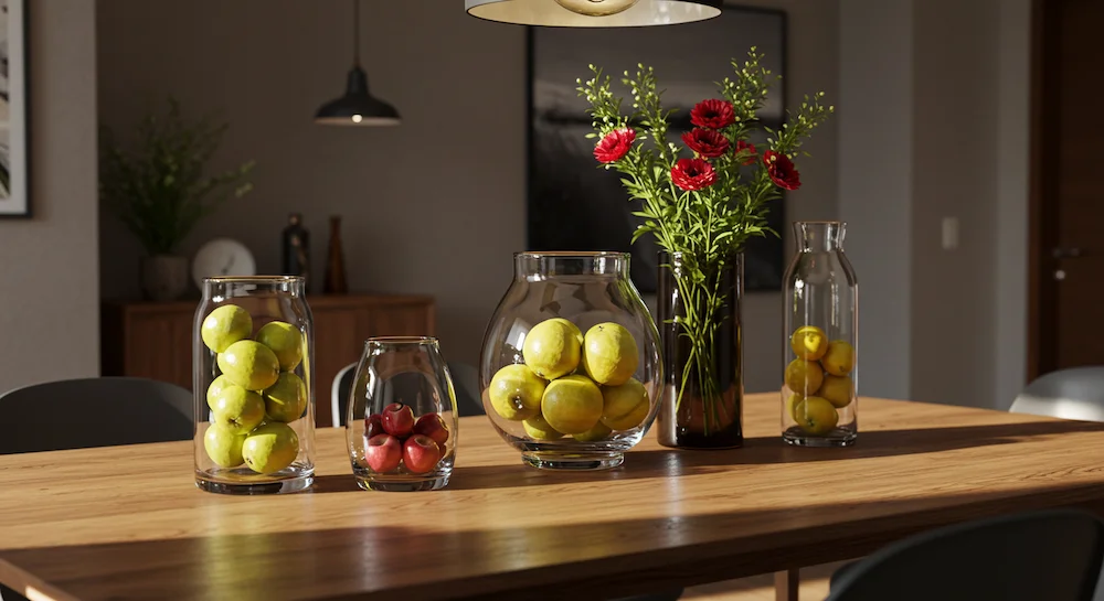Vasos de vidro usados como centros de mesa em sala de jantar moderna, combinados com frutas e flores, criando pontos focais elegantes, cores vibrantes e textura, ambiente acolhedor e sofisticado.