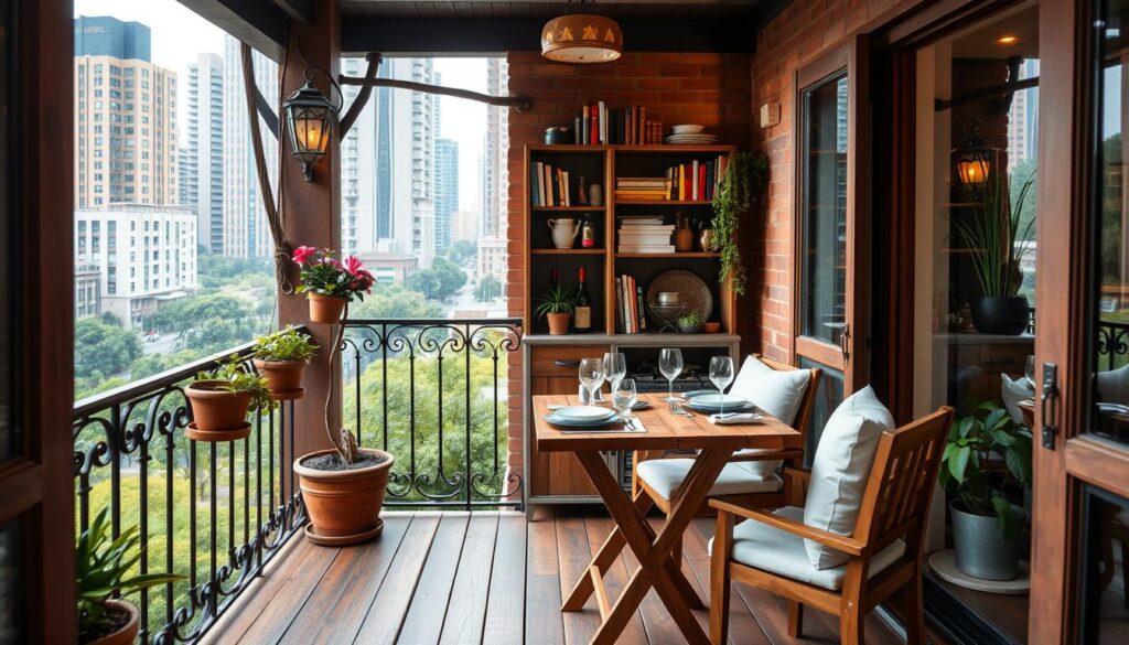 Uma varanda gourmet aconchegante e intimista com uma estética rústica, porém refinada. O ambiente apresenta um pequeno espaço retangular com piso de deck de madeira e um corrimão de ferro forjado adornado com vasos de plantas. Em primeiro plano, uma mesa de madeira robusta está posta com louças elegantes, complementada por um par de cadeiras confortáveis. Ao fundo, um armário compacto tem suas prateleiras organizadas com diversos itens gourmet, livros de culinária e acessórios decorativos. A paisagem urbana exuberante se revela ao fundo, com prédios altos e vegetação visíveis através das aberturas da varanda. A iluminação natural e acolhedora cria uma atmosfera convidativa, perfeita para encontros íntimos e para receber convidados.