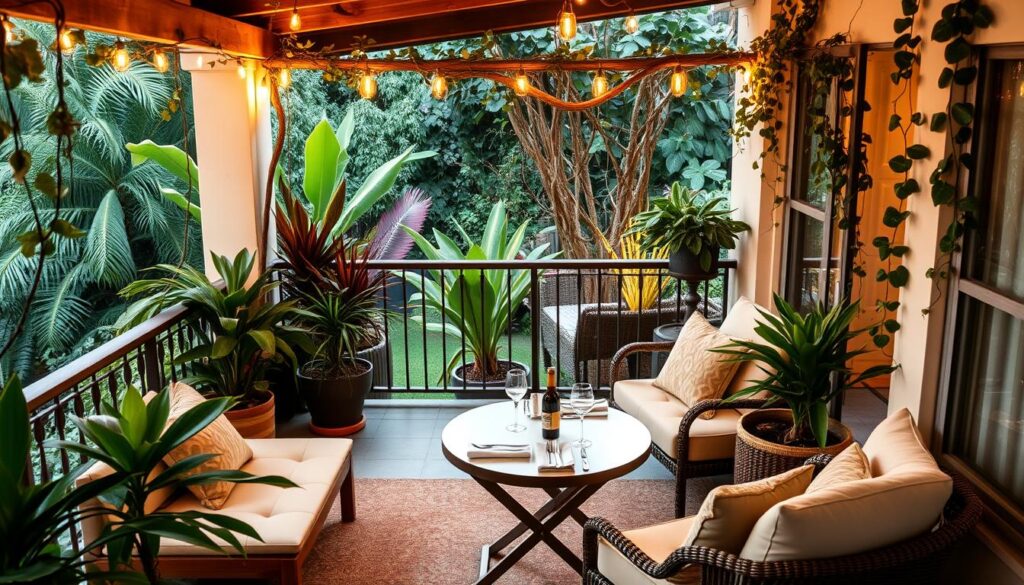 Uma varanda gourmet aconchegante e convidativa, com vista para um jardim exuberante. Uma iluminação suave e acolhedora ilumina um design moderno, porém rústico, com móveis de madeira natural, assentos confortáveis ​​e plantas em vasos exuberantes. Uma pequena mesa de jantar está posta com louças elegantes, perfeita para encontros íntimos com amigos. Os corrimãos da varanda são adornados com trepadeiras, criando uma sensação de privacidade e isolamento. A atmosfera geral é de conforto e sofisticação, refletindo o amor brasileiro pela vida ao ar livre e pelo entretenimento.