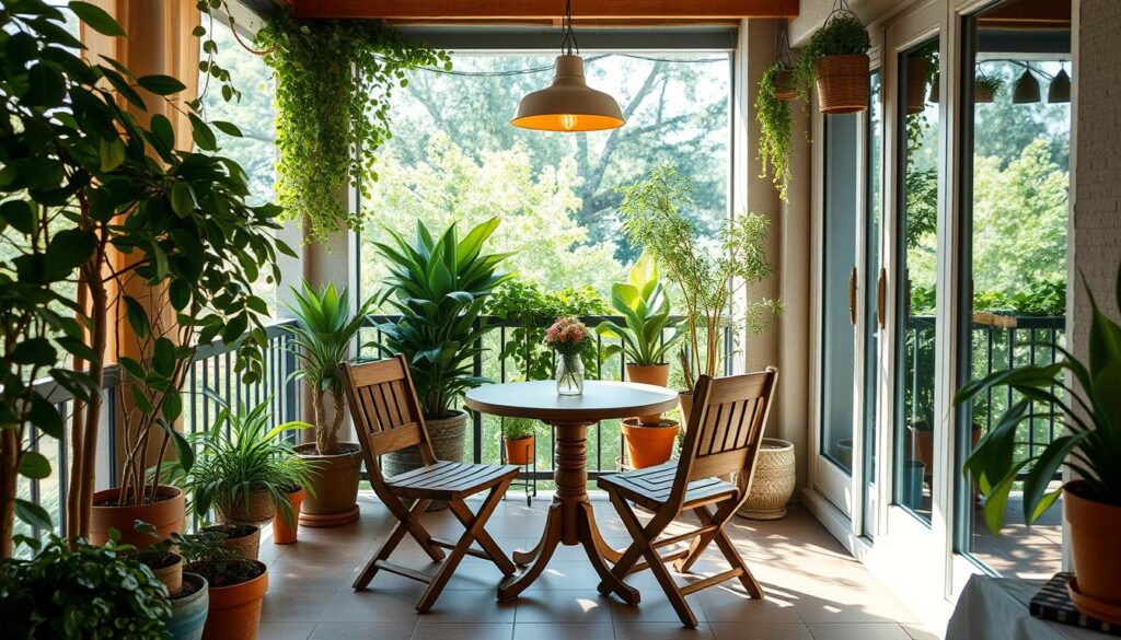 Uma pequena varanda gourmet aconchegante e convidativa, com um conjunto de jantar rústico de madeira composto por duas cadeiras e uma mesa redonda. A varanda é decorada com vegetação exuberante, vasos de plantas e uma elegante luminária pendente que emite uma luz quente. O espaço é valorizado por grandes janelas, que permitem a entrada de luz natural, criando uma atmosfera clara e arejada. O piso é revestido com azulejos modernos em tons terrosos, complementando a estética natural do ambiente. A cena transmite uma sensação de relaxamento e o cenário perfeito para encontros íntimos com amigos para desfrutar de uma refeição deliciosa.