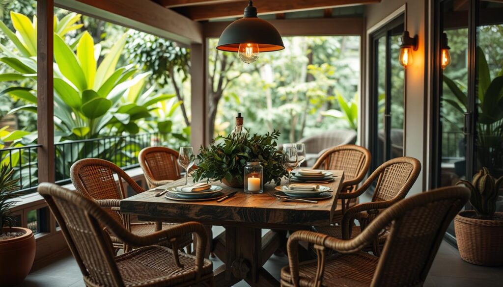 Uma varanda aconchegante e convidativa com um espaço gourmet, perfeita para receber convidados em um ambiente compacto. A cena apresenta uma mesa rústica de madeira adornada com um exuberante arranjo de plantas, cercada por elegantes cadeiras de vime. A iluminação quente de luminárias pendentes cria um brilho suave, proporcionando uma atmosfera acolhedora e íntima. Ao fundo, a folhagem exuberante e verdejante espreita através de grandes janelas, integrando perfeitamente os espaços interno e externo. A estética geral é uma mistura harmoniosa de elementos naturais e sofisticação moderna, adaptada ao estilo brasileiro.