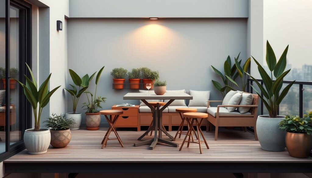 Uma varanda gourmet pequena, aconchegante e elegante, com um conjunto compacto de móveis modulares para área externa, de design moderno e minimalista. O conjunto inclui uma mesa de jantar elegante, bancos ajustáveis ​​e um módulo de armazenamento compacto, todos feitos com materiais de alta qualidade e resistentes às intempéries, em tons quentes e terrosos. Plantas em vasos estrategicamente posicionadas e uma iluminação suave criam um ambiente relaxante ao ar livre, perfeito para encontros íntimos. O layout maximiza o espaço disponível, apresentando uma solução eficiente e que economiza espaço, ideal para o público brasileiro.