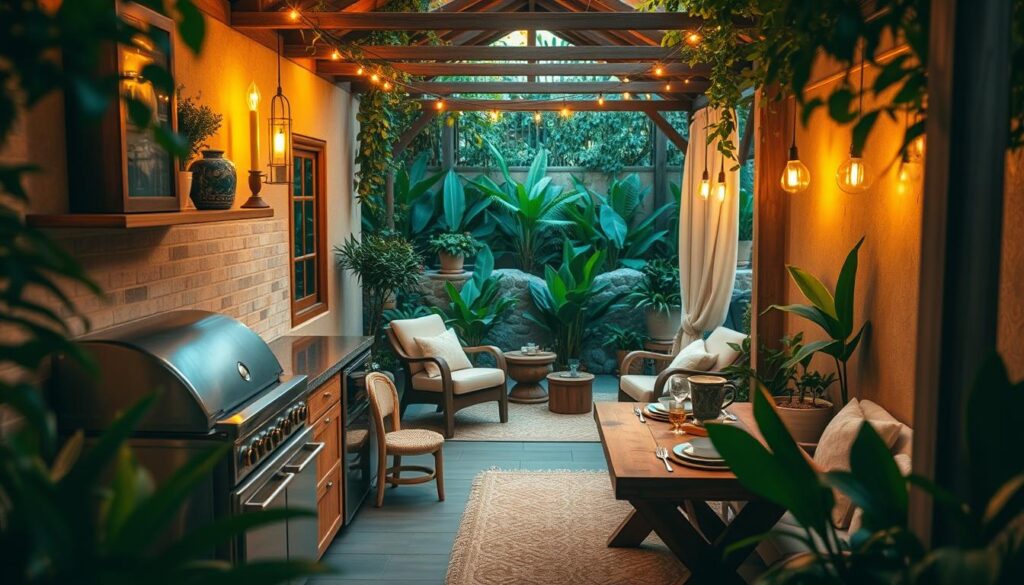Uma varanda gourmet aconchegante e intimista, situada em um ambiente exuberante e verdejante. O espaço é banhado por uma iluminação quente e dourada, criando uma atmosfera acolhedora e convidativa. Uma cozinha externa compacta, porém bem equipada, ocupa o primeiro plano, com eletrodomésticos elegantes de aço inoxidável e uma charmosa mesa de jantar rústica, perfeita para refeições ao ar livre. No plano intermediário, móveis e acessórios confortáveis ​​e resistentes às intempéries, como poltronas aconchegantes e um tapete macio, convidam os hóspedes a relaxar e descontrair. O fundo apresenta um jardim exuberante, inspirado na flora brasileira, com folhagens vibrantes e vasos de plantas, integrando perfeitamente os espaços internos e externos.