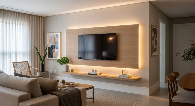 Sala contemporânea brasileira com painel flutuante de madeira substituindo o rack, design moderno e iluminação indireta.