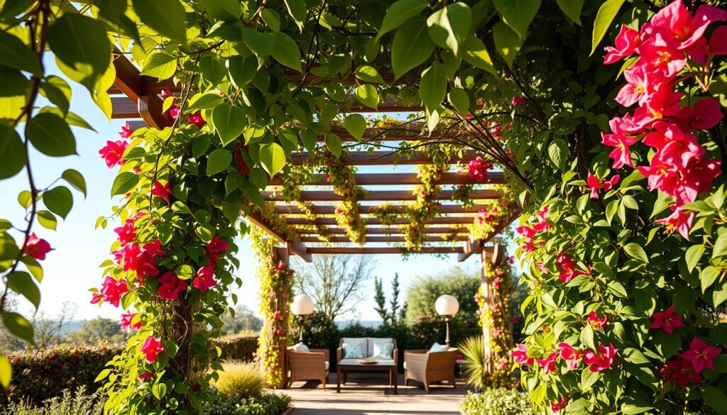 A beautifully designed pergola surrounded by a variety of vibrant climbing plants, showcasing popular Brazilian vines perfect for an outdoor space. In the foreground, lush green leaves curl around wooden beams, with bursts of color from flowering species like bougainvillea and jasmine. The middle ground features a cozy seating area adorned with tasteful garden furniture, inviting relaxation under the shaded structure. In the background, a bright blue sky peeks through the foliage, accentuating the natural beauty and serenity of the scene. Soft, warm lighting bathes the space, creating an inviting mood. The perspective is slightly angled to give depth and showcase the harmony between the pergola and the climbing plants, inspiring the viewer to envision their own ideal trellis garden. Uma pérgola lindamente projetada, rodeada por uma variedade de plantas trepadeiras vibrantes, exibindo trepadeiras brasileiras populares, perfeitas para um espaço ao ar livre. Em primeiro plano, folhas verdejantes se enrolam em torno de vigas de madeira, com toques de cor de espécies floridas como buganvílias e jasmins. Ao fundo, uma aconchegante área de estar adornada com móveis de jardim de bom gosto convida ao relaxamento sob a estrutura sombreada. Ao fundo, um céu azul brilhante espreita por entre a folhagem, acentuando a beleza natural e a serenidade da cena. Uma iluminação suave e quente banha o espaço, criando um ambiente convidativo. A perspectiva é levemente angulada para dar profundidade e destacar a harmonia entre a pérgola e as plantas trepadeiras, inspirando o observador a imaginar seu próprio jardim de treliça ideal.