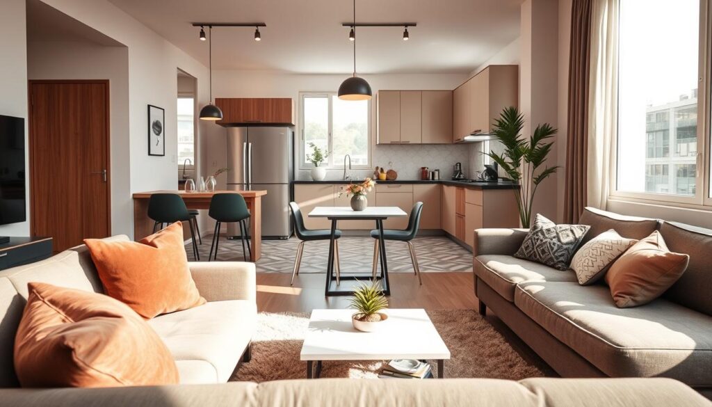 A beautifully designed small apartment featuring integrated environments that visually expand the space. In the foreground, a cozy living area with a modern sofa, decorative cushions, and a coffee table with a plant. In the middle, an open-plan dining area with a sleek, compact dining table set for two, surrounded by minimalist decor. The background reveals a functional kitchen with contemporary cabinetry and geometric tiles. Soft, natural lighting flows through large windows, creating a warm, inviting atmosphere. The scene captures attention from a slightly elevated angle, showcasing the harmonious transition between rooms. This setting should evoke a sense of spaciousness and comfort, while incorporating elements that are both practical and stylish, appealing to a Brazilian audience.