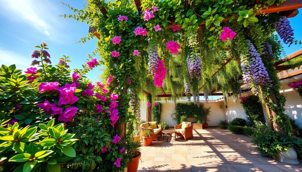 A beautifully landscaped outdoor pergola adorned with vibrant climbing plants ("trepadeiras") flourishing in rich green hues. In the foreground, an array of lush foliage featuring various types of trepadeiras like Bougainvillea, Jasmine, and Wisteria elegantly entwined around the pergola's wooden beams, casting dappled shadows on a stone patio. The midground showcases a cozy seating area with stylish garden furniture, inviting viewers to relax among the greenery. In the background, a clear blue sky complements the overall scene, illuminated by warm sunlight to create a tranquil, inviting atmosphere. The image captures the essence of nature's beauty and the transformative power of trepadeiras, emphasizing their role in enhancing outdoor spaces. The camera angle is eye-level, drawing emphasis to the harmony between the plants and the architectural features of the pergola.