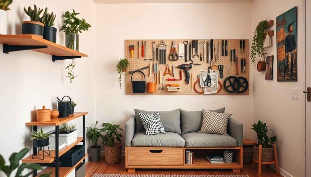 A cozy and creatively designed small apartment interior, showcasing innovative storage solutions. In the foreground, a stylish wooden shelf with various plants and decorative boxes illustrates organized space. The middle ground features a compact multifunctional furniture piece—like a sofa with built-in storage underneath—set against a seamless light-colored wall. In the background, a wall-mounted pegboard displays various tools and art supplies, emphasizing an organized approach to small living. The lighting is soft and warm, creating an inviting atmosphere, while an angle captures the entire scene to highlight the charm and organization of the space. No characters are present in the image. Focus on a realistic, relatable Brazilian style for the apartment design.