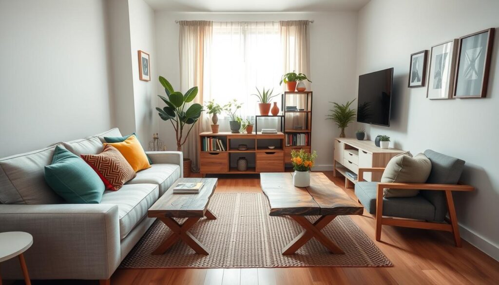 A cozy and stylish small living room decorated for a Brazilian audience. The foreground features a comfortable light gray sofa adorned with colorful cushions, paired with a chic coffee table made of reclaimed wood. In the middle, an elegant bookshelf filled with books and potted plants adds a touch of greenery, while a woven rug ties the space together. The background reveals a window with sheer curtains allowing soft natural light to spill into the room, enhancing the warm atmosphere. A wall-mounted TV and a few decorative art pieces complete the scene, creating a welcoming and inviting space perfect for small apartments. The mood is relaxed and homely, captured from a slightly angled view to showcase the depth of the room.