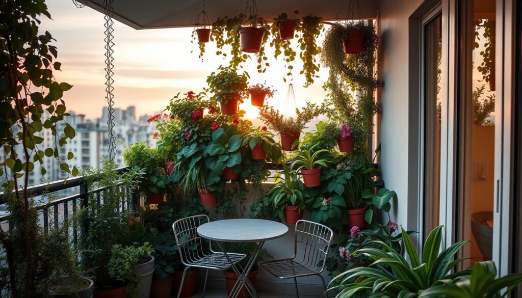 A cozy apartment balcony featuring a lush vertical garden, overflowing with various green plants, herbs, and vibrant flowers. In the foreground, there is a small bistro-style table with two chairs, set for casual relaxation. In the middle, the vertical garden dominates the scene, showcasing a variety of climbing plants and hanging pots that create a soothing and inviting atmosphere. The background includes a softly lit urban skyline with a gentle sunset casting warm golden light, enhancing the tranquility of the space. The overall mood is serene and refreshing, perfect for enjoying quiet moments outdoors. The scene should embody a realistic and relatable Brazilian urban setting, with no people present to maintain focus on the decor.