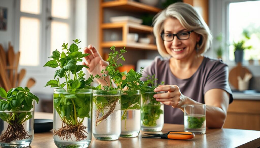 A cozy kitchen setting with a small aquatic herb garden on the counter, featuring vibrant basil, mint, and parsley thriving in clear glass containers filled with water. In the foreground, a friendly, middle-aged Brazilian woman in modest casual clothing carefully examines the plants, demonstrating common problem-solving techniques, such as trimming roots and adjusting water levels. In the middle ground, various gardening tools like scissors and a measuring cup are subtly arranged alongside the plants. The background shows warm, natural light filtering through the window, illuminating the scene and creating a cheerful atmosphere. The overall mood is inviting and educational, emphasizing the simplicity and accessibility of maintaining a micro-horta aquática at home.