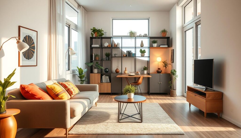 A cozy, modern living room in a small Brazilian apartment featuring multifunctional furniture designed for space optimization. In the foreground, a sleek sofa that transforms into a bed, with colorful throw pillows and a compact coffee table that extends into a dining table. The middle ground showcases a stylish shelving unit that serves as both a bookcase and a room divider, adorned with plants and decorative items. In the background, large windows allow natural light to flow in, enhancing the airy atmosphere. The walls are painted in soft, pastel colors, contributing to a warm and inviting feel. Use a warm daylight setting to capture the comfort of the space, with a focus on realistic textures and details to appeal to a Brazilian audience.
