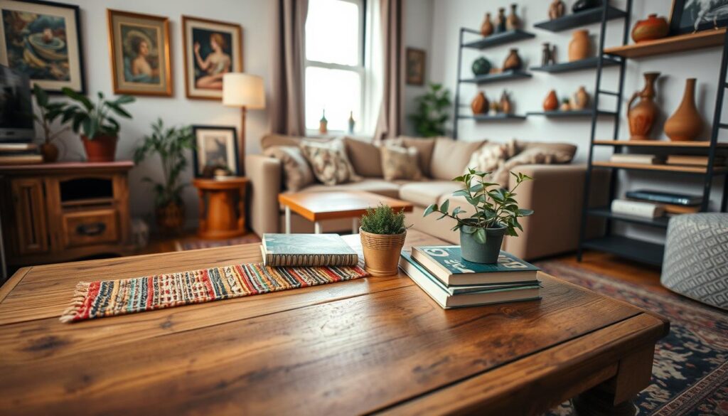 A cozy, stylish small apartment decor scene, focusing on second-hand items and thrift finds. In the foreground, a vintage wooden coffee table, adorned with a colorful handwoven table runner, a small potted plant, and an eclectic mix of second-hand books. The middle ground features a comfortable sofa with patterned cushions, complemented by an ornate rug and framed artwork from flea markets on the walls. In the background, soft natural light streams through a window, illuminating a collection of unique antique vases on floating shelves. The overall atmosphere is warm and inviting, showcasing a budget-friendly, creative approach to small space decoration. The scene is captured with a slight tilt-angle for a dynamic composition, emphasizing the charm of upcycled decor.