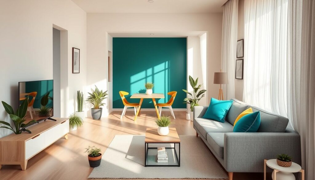 A cozy, stylish small apartment interior featuring strategic color use to enhance space. In the foreground, a compact living area with a minimalist sofa in soft gray, accented by vibrant cushions in teal and mustard yellow. A small coffee table sits atop a light-colored rug, surrounded by potted plants for a touch of greenery. In the middle, a compact dining space with a wooden table paired with visually appealing chairs. The walls are painted in a pale shade to maximize light, complemented by a feature wall painted in a bolder color, like deep blue or emerald green, to create depth. Sunlight filters through sheer curtains, creating a warm, inviting atmosphere. Capture the image from a slightly elevated angle to showcase the thoughtful layout and color harmony, aimed at a Brazilian audience seeking simple, affordable decor solutions.