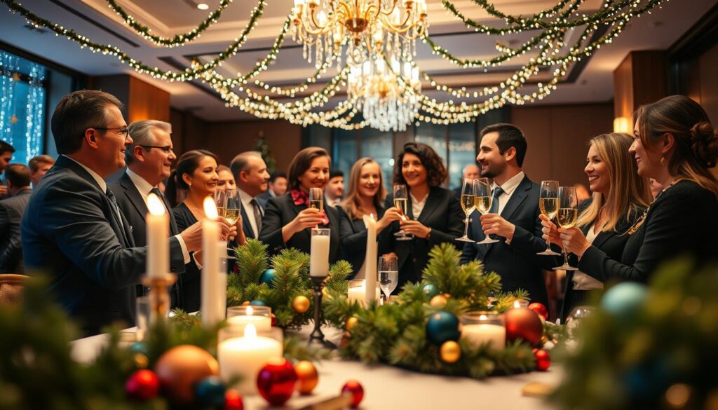 A festive corporate year-end celebration scene set in an elegantly decorated indoor venue. In the foreground, a table adorned with sophisticated holiday decorations, including candles, small evergreen plants, and colorful ornaments. In the middle ground, a diverse group of professionals in smart business attire, engaged in cheerful conversations and sharing toasts with champagne glasses, embodying a sense of camaraderie and joy. In the background, tasteful twinkling fairy lights and festive garlands drape across the ceiling, enhancing the warm atmosphere. Soft golden lighting creates a welcoming glow, and the angle captures both the attendees' expressions of happiness and the beautiful decor. Overall, the image radiates a spirit of unity and celebration, emphasizing the importance of corporate year-end parties.