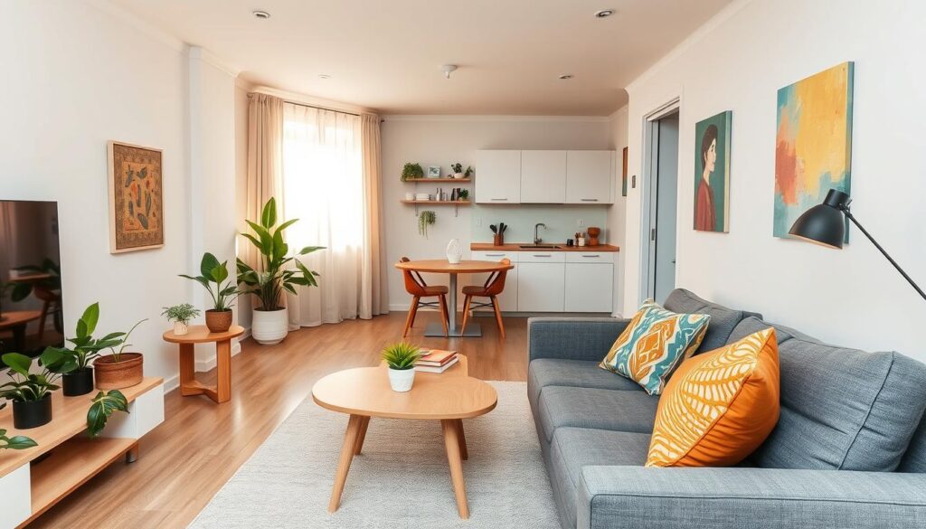 A small, cozy apartment interior showcasing a well-organized living space, highlighting minimalist decoration principles. In the foreground, a compact seating area with a comfortable grey sofa adorned with colorful cushions. To the left, a small wooden coffee table sits on a soft rug, surrounded by potted plants for a fresh touch. In the middle, an open kitchen featuring white cabinets, a small dining table with two chairs, and a splash of vibrant wall art. The background reveals a window with sheer curtains, allowing warm, natural light to fill the room, creating a serene atmosphere. The overall mood is inviting and functional, perfect for maximizing small spaces, designed with a Brazilian aesthetic. Photographed with a wide-angle lens to capture the depth of the space.