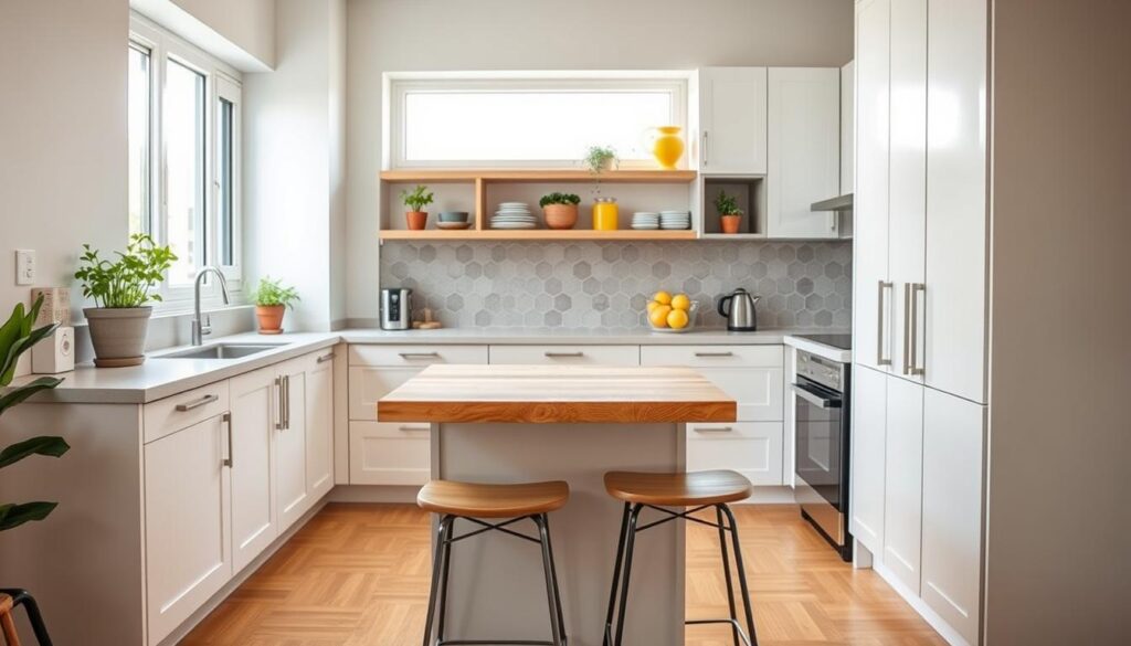 A small, functional kitchen designed for a modern apartment, showcasing efficient use of space. In the foreground, a compact island with a butcher block top serves as both a prep area and a dining space, surrounded by two sleek, minimalist stools. The middle features vibrant green potted herbs on windowsills and open shelving displaying colorful dishware, maximizing storage without clutter. The background contains white cabinets with subtle gray accents and a stylish backsplash of geometric tiles, reflecting a contemporary aesthetic. Soft, warm natural light pours in through a large window, creating an inviting atmosphere. A cozy yet functional vibe is present, ideal for small living spaces. The scene depicts a professional yet casual setting without any people.