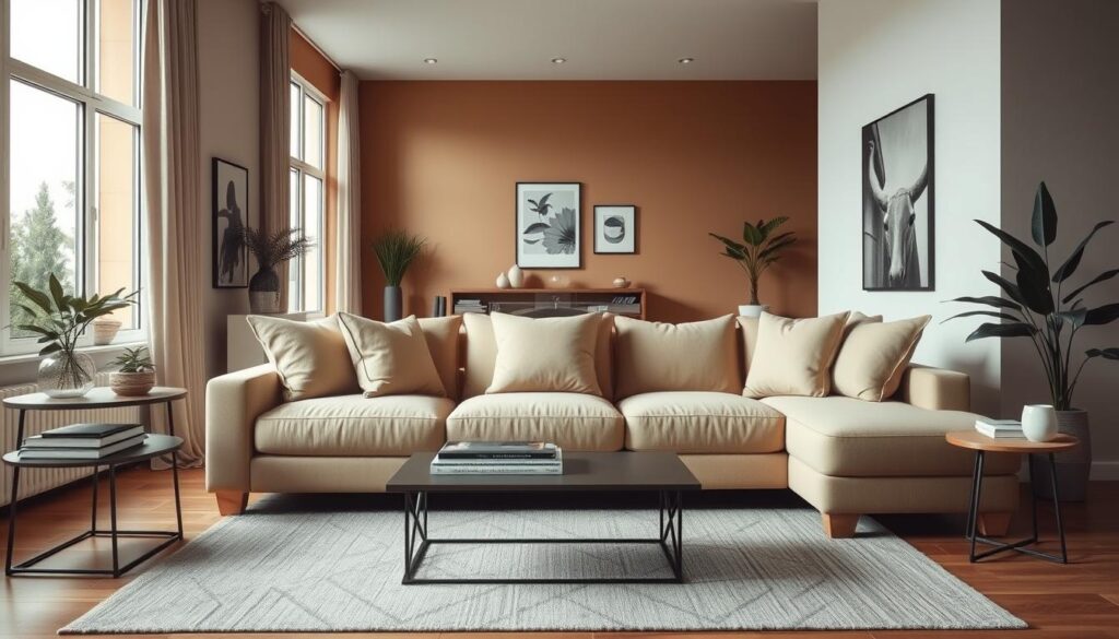 A stylish living room featuring modern decorations, designed to showcase a new trend where the sofa is elegantly positioned away from the wall. In the foreground, a plush, contemporary sofa with soft cushions is centered in the room, inviting and stylish. On one side, a sleek coffee table is adorned with decorative books and a small plant. The middle layer depicts a beautifully arranged area with a cozy rug and minimalist accessories. In the background, large windows allow natural light to flood in, highlighting the warm color palette of the walls. The atmosphere is calm and inviting, ideal for relaxing or socializing. The scene should embody a modern Brazilian aesthetic, merging functionality with comfort while emphasizing the benefits of this new seating arrangement. Soft, even lighting enhances the realism. Use a standard lens for a natural perspective, capturing the essence of contemporary yet cozy living spaces. A stylish living room featuring modern decorations, designed to showcase a new trend where the sofa is elegantly positioned away from the wall. In the foreground, a plush, contemporary sofa with soft cushions is centered in the room, inviting and stylish. On one side, a sleek coffee table is adorned with decorative books and a small plant. The middle layer depicts a beautifully arranged area with a cozy rug and minimalist accessories. In the background, large windows allow natural light to flood in, highlighting the warm color palette of the walls. The atmosphere is calm and inviting, ideal for relaxing or socializing. The scene should embody a modern Brazilian aesthetic, merging functionality with comfort while emphasizing the benefits of this new seating arrangement. Soft, even lighting enhances the realism. Use a standard lens for a natural perspective, capturing the essence of contemporary yet cozy living spaces.