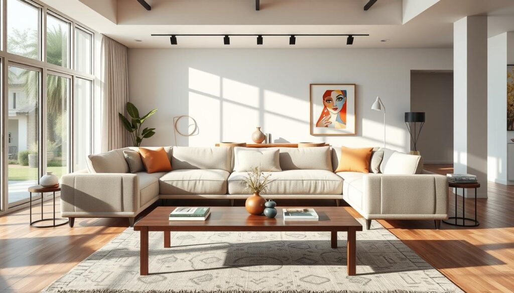 A stylish living room showcasing a beautifully designed sofa positioned elegantly away from the wall. The sofa has a modern design with soft, inviting fabrics in neutral colors, complementing an open space. In the foreground, a cozy coffee table adorned with decorative elements like a small vase and books. The middle ground features a sleek backdrop of minimalistic furniture and vibrant artwork, enhancing the ambiance. The background displays natural light streaming through large windows, casting soft shadows and creating a warm, inviting atmosphere. The scene captures the essence of contemporary interior design, emphasizing the importance of proportions and dimensions in modern living spaces. The image is rendered in high resolution, with a focus on realistic textures and details, ensuring it resonates strongly with a Brazilian audience. A stylish living room showcasing a beautifully designed sofa positioned elegantly away from the wall. The sofa has a modern design with soft, inviting fabrics in neutral colors, complementing an open space. In the foreground, a cozy coffee table adorned with decorative elements like a small vase and books. The middle ground features a sleek backdrop of minimalistic furniture and vibrant artwork, enhancing the ambiance. The background displays natural light streaming through large windows, casting soft shadows and creating a warm, inviting atmosphere. The scene captures the essence of contemporary interior design, emphasizing the importance of proportions and dimensions in modern living spaces. The image is rendered in high resolution, with a focus on realistic textures and details, ensuring it resonates strongly with a Brazilian audience.