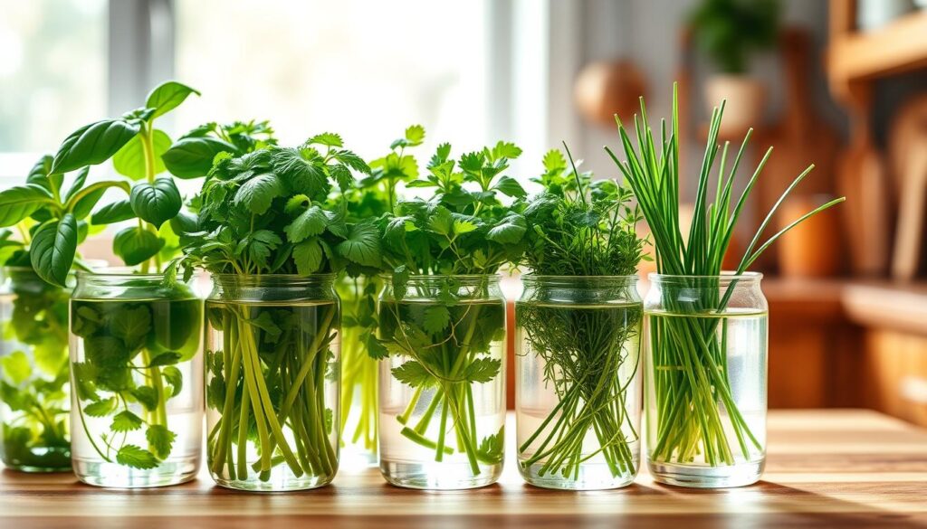 A vibrant, close-up image showcasing a variety of herbs suitable for hydroponic cultivation, arranged artistically in clear glass containers with water. In the foreground, include fresh basil, mint, cilantro, and chives, their lush green colors contrasting with the transparent water. In the middle ground, capture the essence of a cozy kitchen setting, with soft natural light illuminating the herbs from a nearby window, creating a warm and inviting atmosphere. The background features blurred kitchen utensils and wooden countertops, adding depth. Ideally shot with a macro lens to enhance the details of the leaves, this image evokes an inspiring feeling of freshness and the simplicity of growing herbs without soil, appealing to culinary enthusiasts.