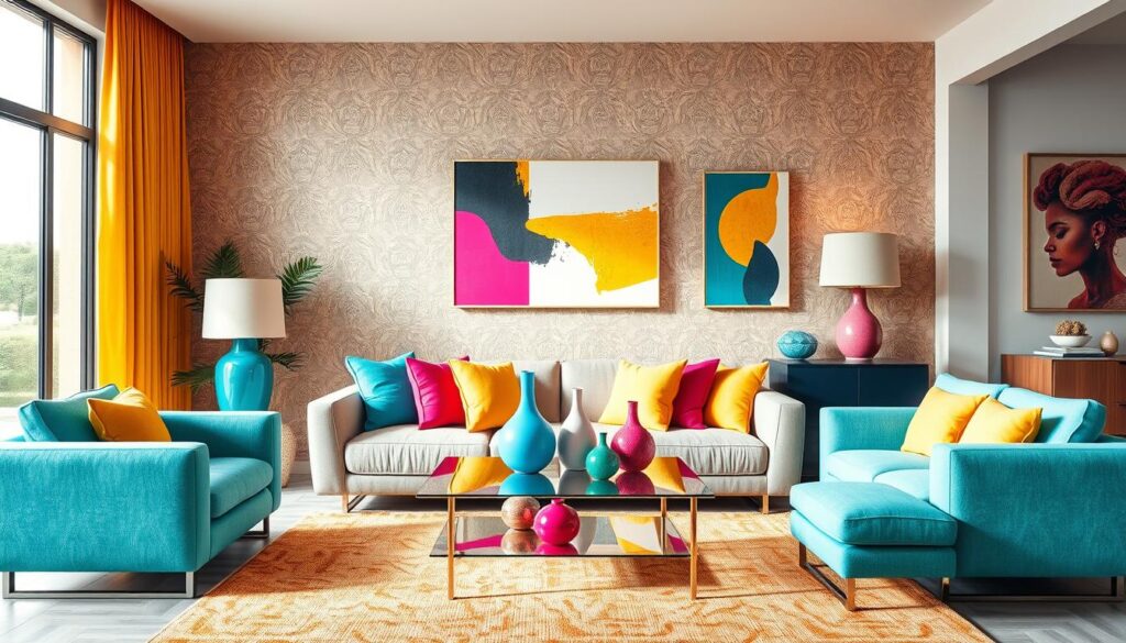 A vibrant living room design that showcases an inviting atmosphere, featuring an array of bold colors such as turquoise, mustard yellow, and fuchsia. In the foreground, a stylish sofa positioned in the center of the room, adorned with colorful cushions. In the middle, a chic coffee table made of glass, surrounded by unique decorative items like vases and sculptures. The background displays a textured wallpaper in a striking geometric pattern, complemented by abstract art pieces on the walls. Natural daylight streams in through large windows, casting a warm glow across the space. The mood is lively and energetic, reflecting modern Brazilian design aesthetics with an emphasis on combining colors and materials harmoniously. Use a wide-angle lens for depth, ensuring all elements of the room come into focus while maintaining a cozy ambiance. A vibrant living room design that showcases an inviting atmosphere, featuring an array of bold colors such as turquoise, mustard yellow, and fuchsia. In the foreground, a stylish sofa positioned in the center of the room, adorned with colorful cushions. In the middle, a chic coffee table made of glass, surrounded by unique decorative items like vases and sculptures. The background displays a textured wallpaper in a striking geometric pattern, complemented by abstract art pieces on the walls. Natural daylight streams in through large windows, casting a warm glow across the space. The mood is lively and energetic, reflecting modern Brazilian design aesthetics with an emphasis on combining colors and materials harmoniously. Use a wide-angle lens for depth, ensuring all elements of the room come into focus while maintaining a cozy ambiance.