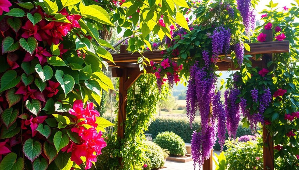 A vibrant scene depicting a selection of beautiful climbing plants (trepadeiras) ideal for covering a pergola within a cozy Brazilian garden. In the foreground, richly textured leaves of various climbers such as Bougainvillea, Wisteria, and Passionflower create a lush, green tapestry. The middle ground features a rustic wooden pergola entwined with these vines, adorned with colorful blooms in full sunlight. In the background, a serene garden landscape with soft sunlight filtering through leaves, casting gentle shadows. The atmosphere is warm and inviting, suggesting growth and vitality. The image should be captured from a slightly elevated angle, emphasizing the pergola and the diversity of climbing plants. The overall lighting is bright and natural, evoking a sense of harmony with nature.