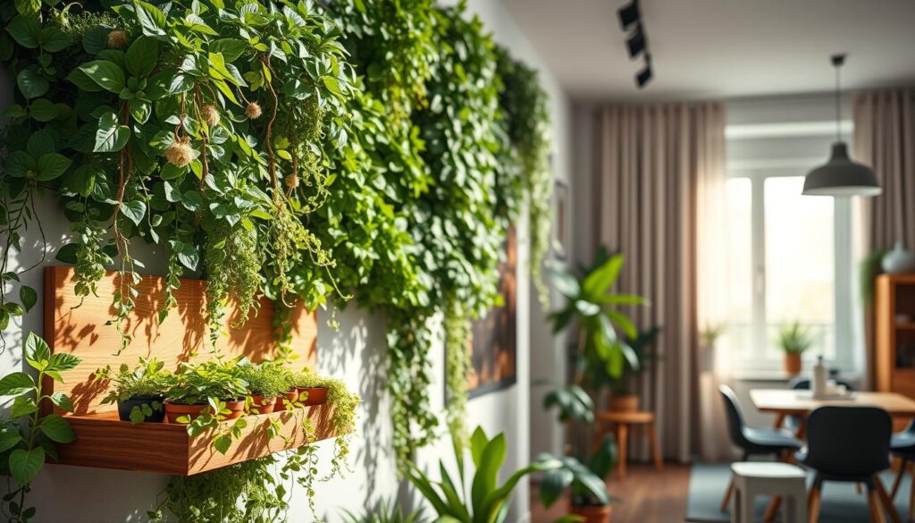 A vibrant vertical garden filled with a variety of plants, such as ferns, succulents, and flowering vines, cascading down a modern apartment wall. In the foreground, the lush greenery contrasts beautifully with a natural wooden shelf that holds small pots of herbs. The middle layer showcases an array of verdant foliage, creating a rich tapestry of textures and colors. In the background, a softly-lit, cozy apartment space with warm tones and tasteful decor can be seen through a large window, allowing gentle sunlight to filter in. The atmosphere is serene and inviting, perfect for a small living area, focusing on accessible natural decoration. Use a wide-angle lens to capture the expansive view, enhancing the harmonious blend of nature and modern design.