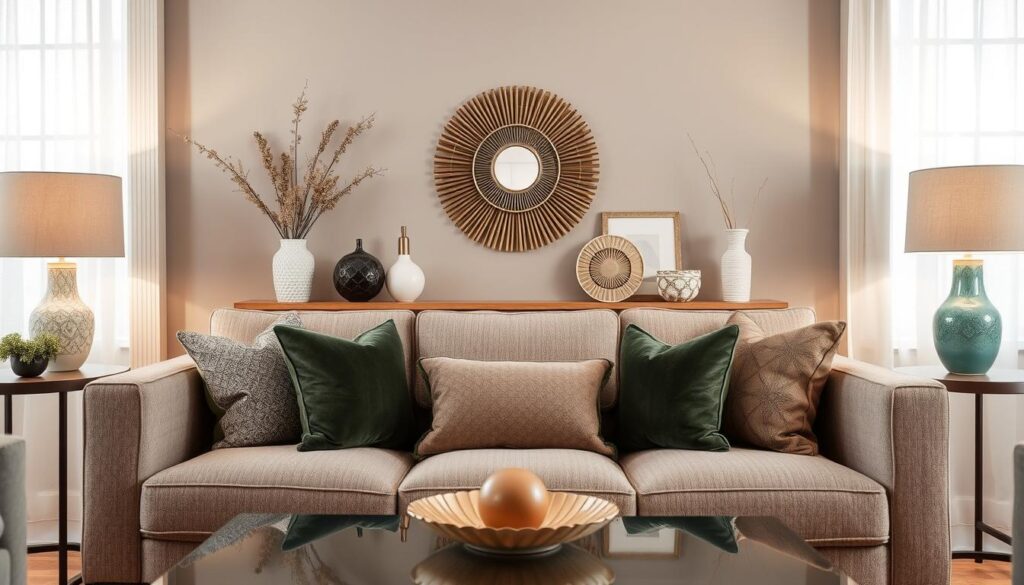 Imagem de objetos decorativos para o espaço atrás do sofá Imagem de objetos decorativos para o espaço atrás do sofá