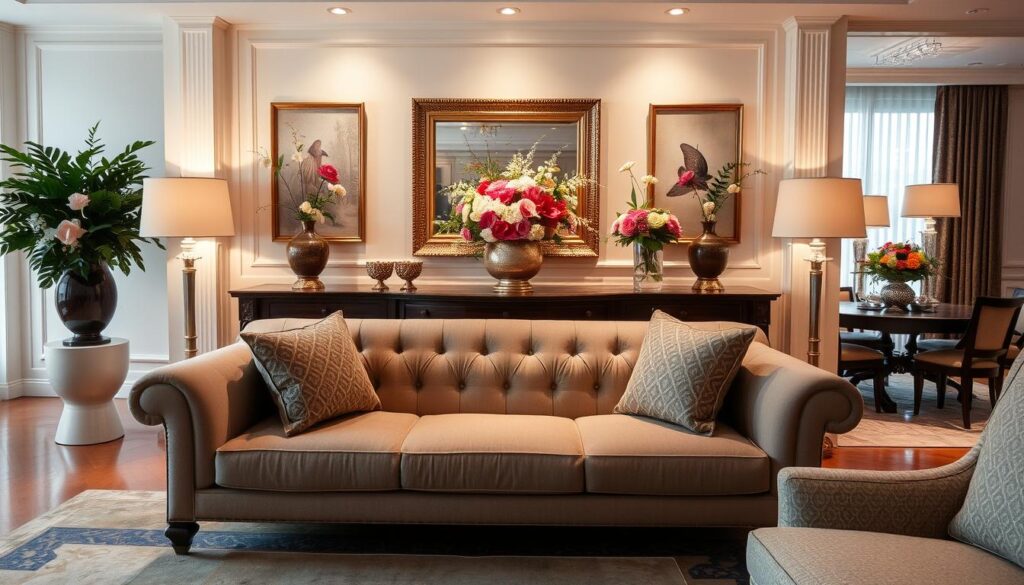 Imagem de um bufê elegante posicionado atrás de um sofá, separando a sala de estar da sala de jantar. Imagem de um bufê elegante posicionado atrás de um sofá, separando a sala de estar da sala de jantar.