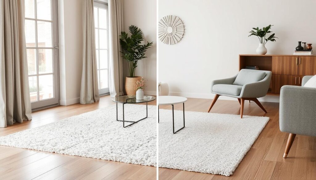 Imagem de um tapete felpudo sendo substituído por um tapete mais moderno e minimalista