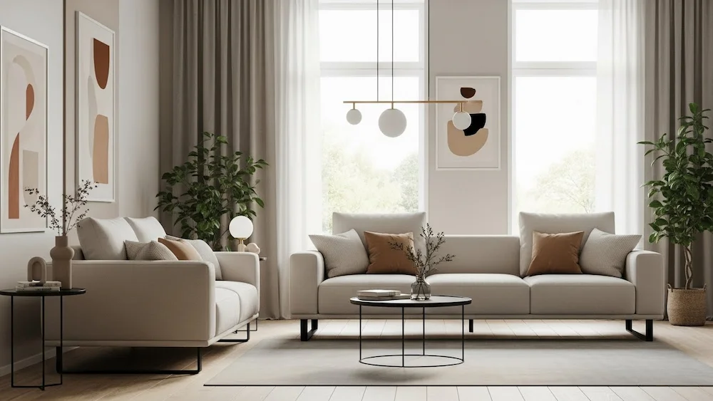 Uma sala de estar elegante e minimalista com um conjunto de sofás moderno e sofisticado, projetado para conforto e simplicidade. Em primeiro plano, o sofá é adornado com almofadas em tons neutros que conferem um toque de aconchego. Ao fundo, destaca-se uma mesa de centro elegante, propositalmente ausente para enfatizar o conceito de espaço aberto. Ao fundo, uma grande janela permite a entrada de luz natural suave, iluminando o ambiente com uma atmosfera acolhedora. As paredes são pintadas em cores suaves e alguns elementos decorativos de bom gosto, como plantas e obras de arte abstratas, complementam o ambiente. A atmosfera é serena e espaçosa, capturando a essência do minimalismo contemporâneo e convidando à tranquilidade. O ângulo da câmera é ligeiramente elevado, mostrando toda a sala de estar e enfatizando a sensação de amplitude, ampliada pela ausência de uma grande mesa de centro.