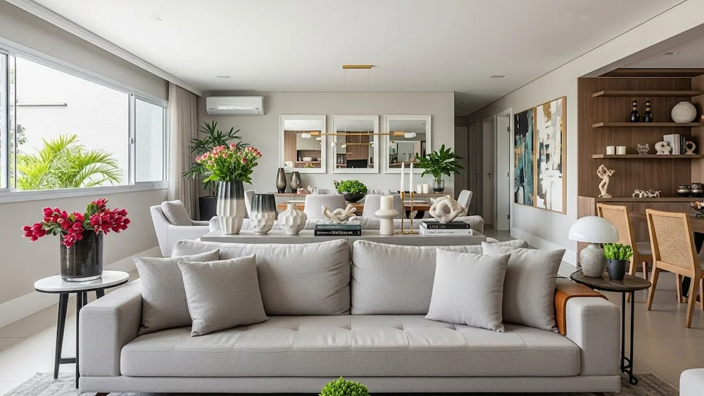 Sala contemporânea brasileira com sofá posicionado fora da parede, dividindo sala de estar e jantar, criando layout integrado, funcional e elegante segundo a nova tendência de decoração.