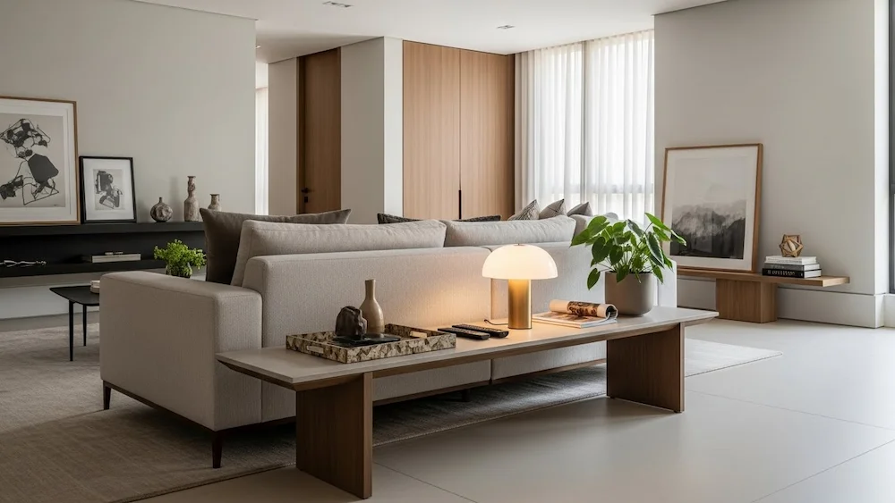 Sala de estar brasileira contemporânea com side bench no lugar da mesa de centro, usado como assento e apoio para objetos decorativos, mostrando como esse banco estreito transforma o ambiente com funcionalidade, minimalismo e mais espaço livre.