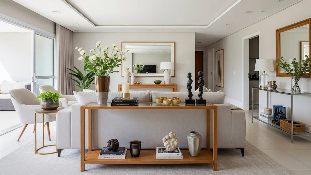 Aparador decorativo atrás do sofá em sala contemporânea brasileira, com objetos decorativos e plantas, criando divisão elegante de ambientes e aproveitamento funcional do espaço integrado.