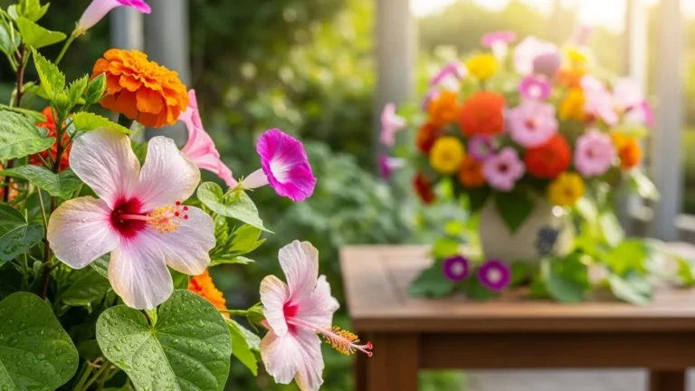Um vibrante arranjo floral de verão exibe uma variedade de flores coloridas, como hibiscos, calêndulas e ipomeias. Em primeiro plano, pétalas delicadas e folhas verdejantes se destacam, brilhando com o orvalho da manhã. No plano intermediário, uma mesa rústica de madeira adornada com um vaso de cerâmica transbordando dessas flores de verão, cujas cores vibrantes contrastam lindamente. Ao fundo, a luz suave do sol filtra-se por um jardim, projetando uma luz dourada e quente que realça o ambiente alegre. A cena transmite uma sensação de tranquilidade e alegria, ideal para decoração de interiores. A imagem deve transmitir uma sensação de aconchego e frescor, enfatizando a beleza e a vivacidade das flores de verão em um ambiente doméstico, apresentada em um estilo de fotografia de alta resolução.
