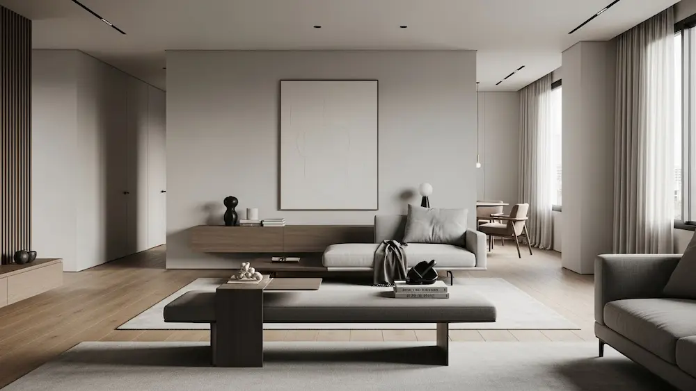 Sala de estar brasileira contemporânea com decoração minimalista, mostrando um banco lateral no lugar da mesa de centro grande, criando mais espaço de circulação, leveza visual e um ambiente moderno e funcional.