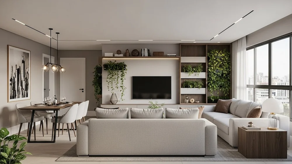 Sala de estar sofisticada sem plantas no chão, com circulação livre e decoração moderna que valoriza espaço e fluidez