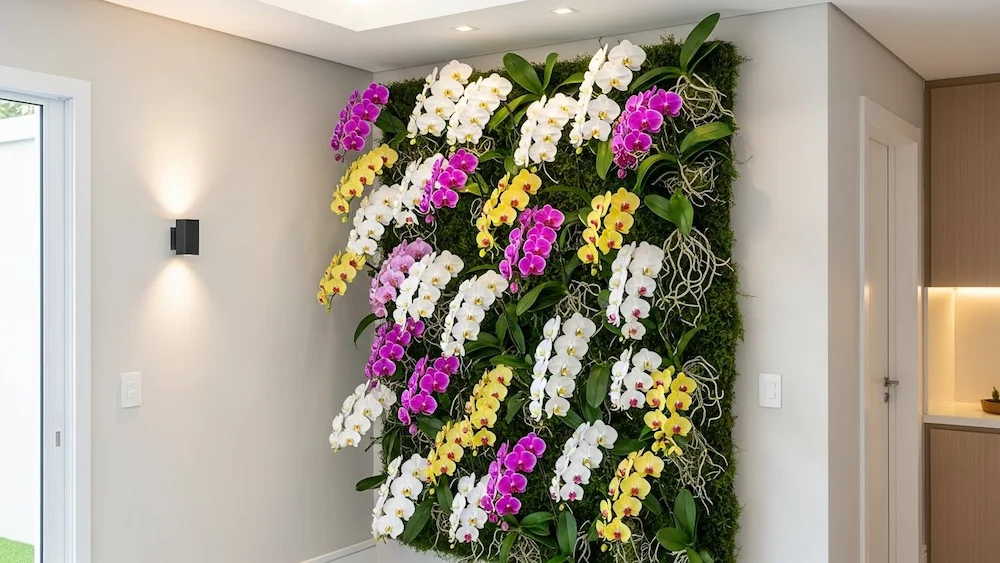 Cascata de orquídeas criando jardim vertical em ambiente interno moderno