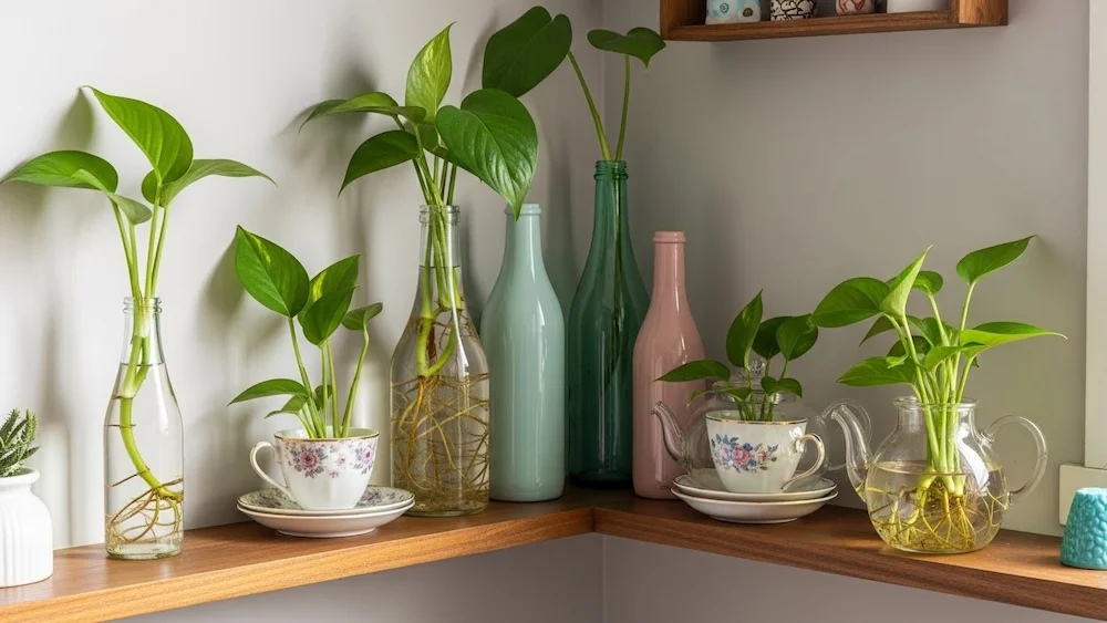 Decoração simpática com plantas que crescem na água usando xícaras, bules e garrafas de vidro