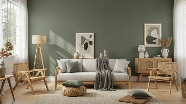 Sala moderna brasileira com parede na cor Cipó da Amazônia (#777745), decoração com madeira e rattan, e detalhes inspirados nas paletas Suvinil Sentir, Respirar, Brincar e Criar.